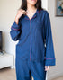 Women Summer Pajama Set Dark Blue buttoned shirt + Pants